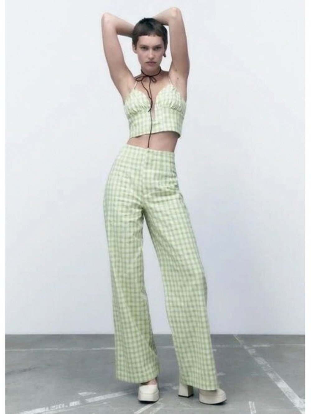 Zara Gingham Checkerboard Wide Leg Trouser Dress Pants Green White Dopamine Boho